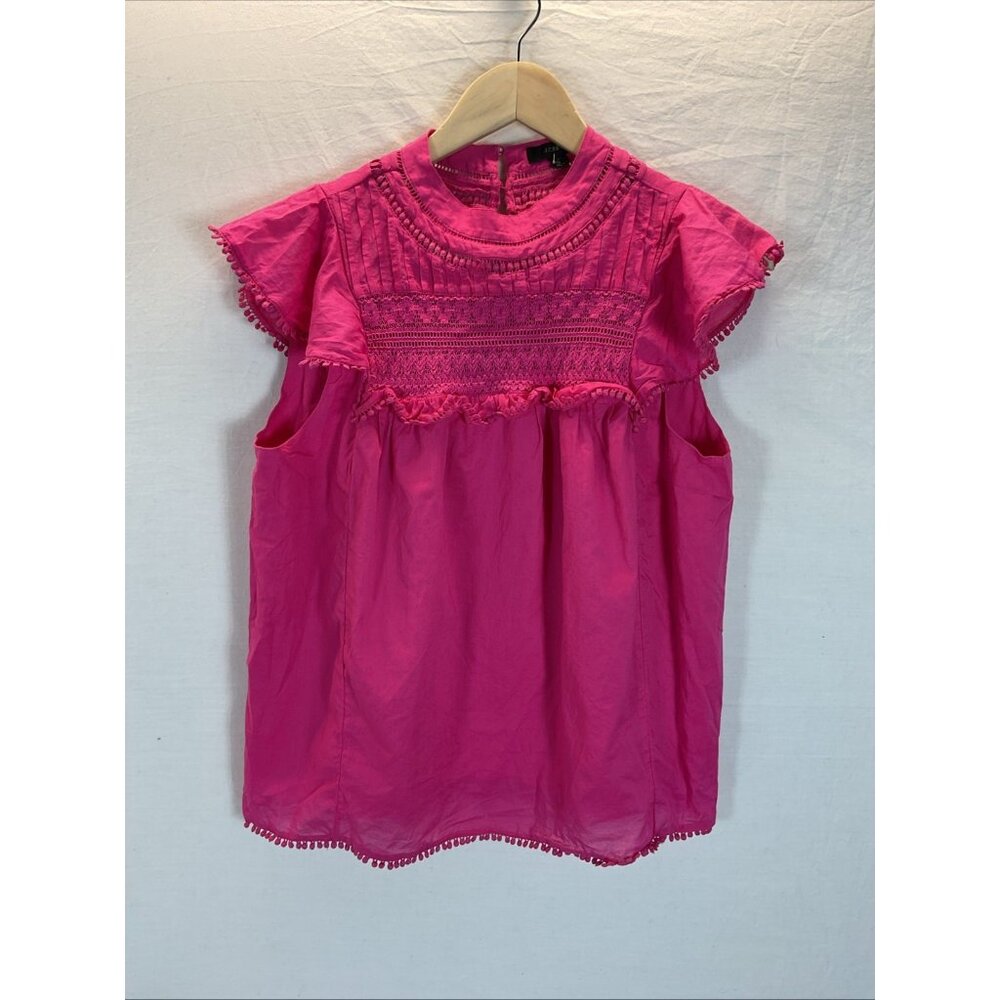 J. Crew Hot Pink Flutter Sleeve top Crochet Blouse Shirt‎ Womens Size M festive - Picture 2 of 9